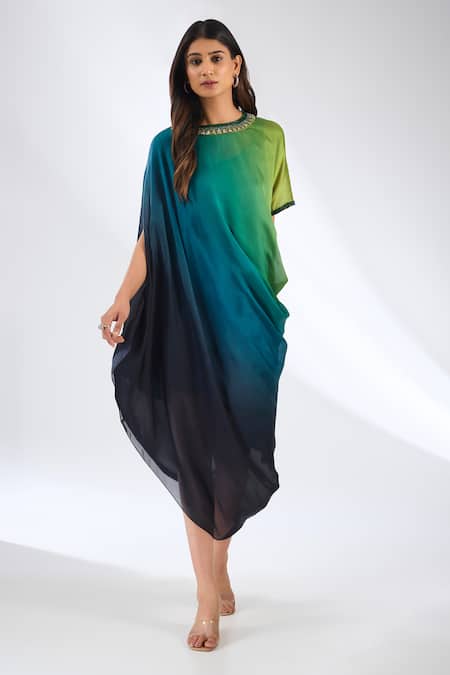 Anjali Kanwar Green Satin, Crepe Beads, Sequins Round Neck Ombre Beaded Dress