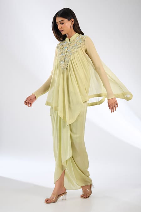 Anjali Kanwar Green Chiffon, Viscose, Crepe Crystals Collared Embellished Top And Skirt