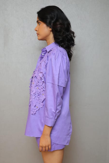 Studio Moda India_Purple Cotton Applique Collared Orchid Shirt _Online_at_Aza_Fashions