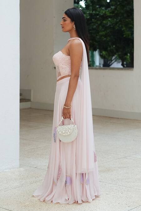 Shop_Pooja Bagaria_Pink Organza Lace, Embroidery Sweetheart Neck Pastel Corset Fusion Set _Online_at_Aza_Fashions
