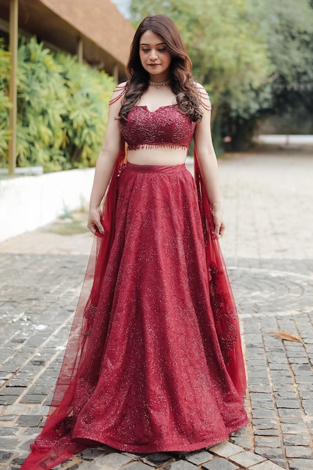 Pooja Bagaria Maroon Sequins, Crystals, Embroidery Sweetheart Neck Chantilly Lehenga Set