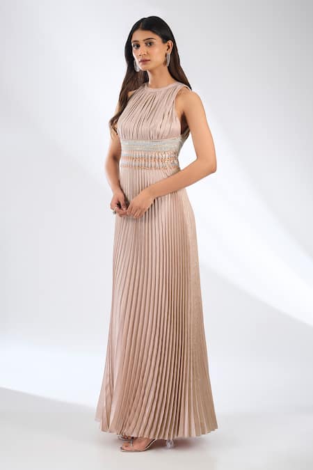 Anjali Kanwar Pink Viscose Beads, Sequins Round Neck Pleated Designer Dress