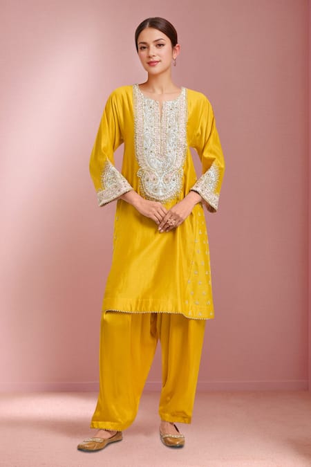 Sheetal Batra Mustard Sequins, Embroidery Split V-neck Yellow Shamshul Kurta And Salwar Set 