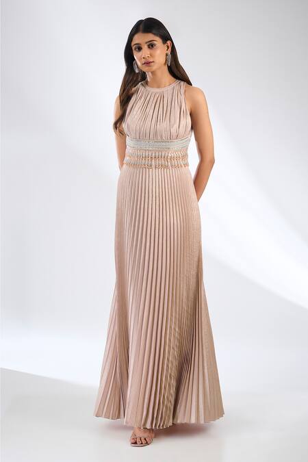 Anjali Kanwar_Pink Viscose Beads, Sequins Round Neck Pleated Designer Dress _Online_at_Aza_Fashions