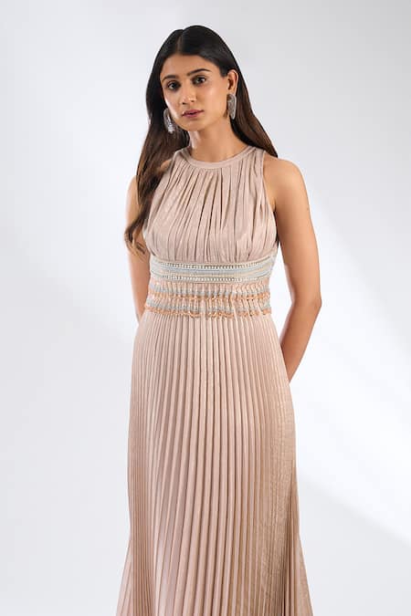 Buy_Anjali Kanwar_Pink Viscose Beads, Sequins Round Neck Pleated Designer Dress _Online_at_Aza_Fashions