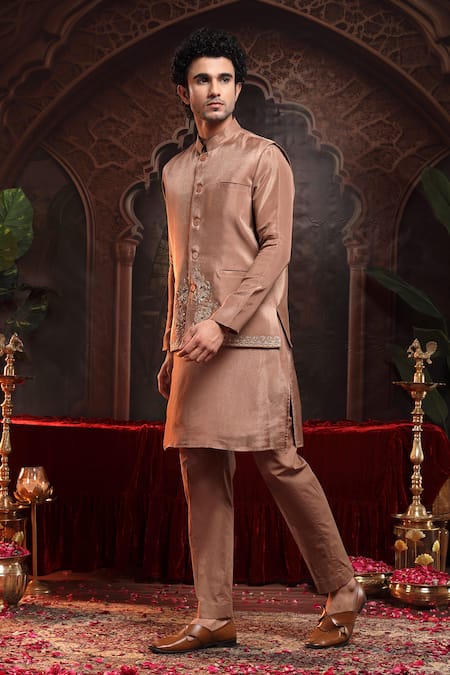 Miku Kumar_Brown Organza, Tissue Embroidery Copper Tanv Kurta Set _Online_at_Aza_Fashions