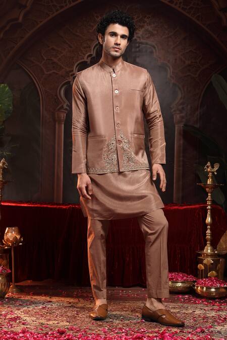 Buy_Miku Kumar_Brown Organza, Tissue Embroidery Copper Tanv Kurta Set _Online_at_Aza_Fashions