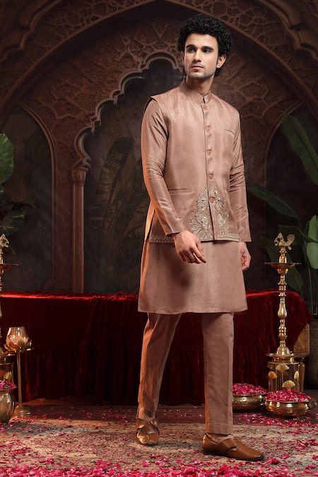 Shop_Miku Kumar_Brown Organza, Tissue Embroidery Copper Tanv Kurta Set _Online_at_Aza_Fashions
