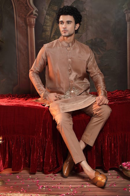 Miku Kumar_Brown Organza, Tissue Embroidery Copper Tanv Kurta Set _at_Aza_Fashions