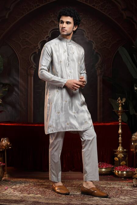 Buy_Miku Kumar_Gray Tissue, Organza Embroidery Vireen Kurta Set _Online_at_Aza_Fashions