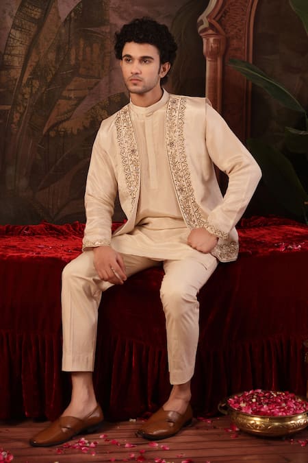 Miku Kumar_Ivory Tissue, Organza Embroidery Nehru Jacket Kurta Set _Online_at_Aza_Fashions