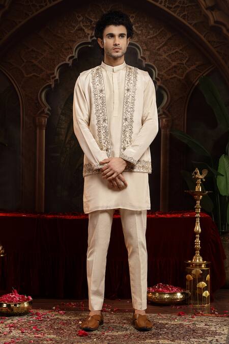 Buy_Miku Kumar_Ivory Tissue, Organza Embroidery Nehru Jacket Kurta Set _Online_at_Aza_Fashions