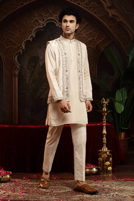 Shop_Miku Kumar_Ivory Tissue, Organza Embroidery Nehru Jacket Kurta Set _Online_at_Aza_Fashions