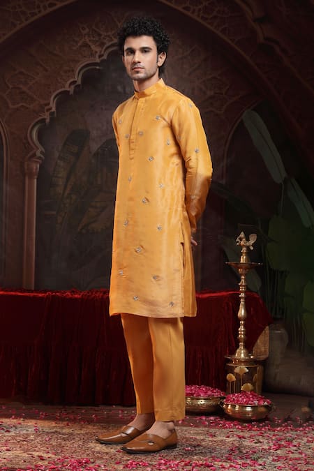 Buy_Miku Kumar_Yellow Tissue, Organza Embroidery Reshav Kurta Set _Online_at_Aza_Fashions