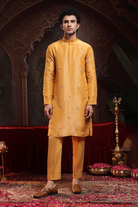 Miku Kumar Yellow Tissue, Organza Embroidery Reshav Kurta Set 