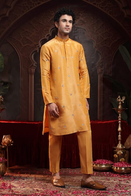 Shop_Miku Kumar_Yellow Tissue, Organza Embroidery Reshav Kurta Set _Online_at_Aza_Fashions