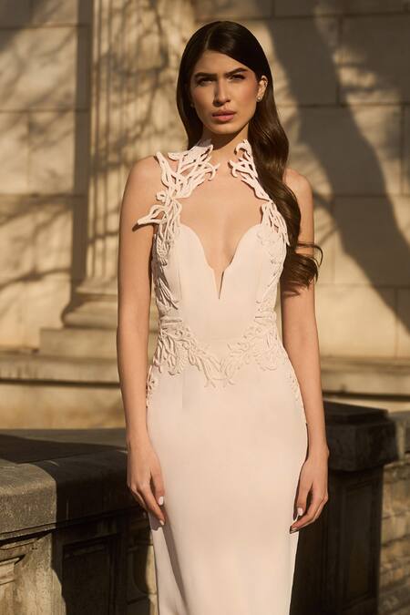 Supria Munjal Cream Crepe Embroidery Halter Neck Designer And Pink Gown Online at Aza Fashions Supria Munjal_Cream Crepe Embroidery Halter Neck Designer And Pink Gown _Online_at_Aza_Fashions