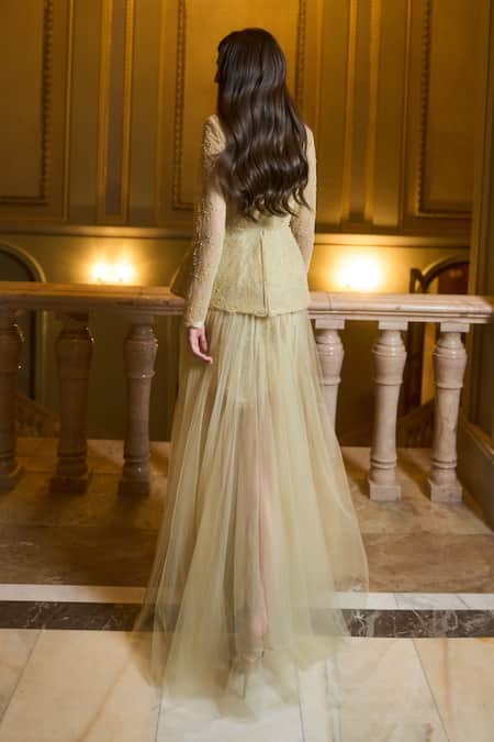 Supria Munjal Dusty Yellow Lace Tulle Gown 