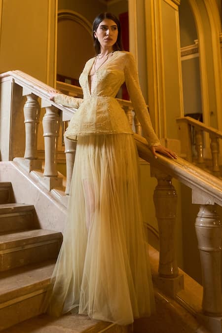 Buy_Supria Munjal_Yellow Tulle, V-neck Dusty Gown _Online_at_Aza_Fashions