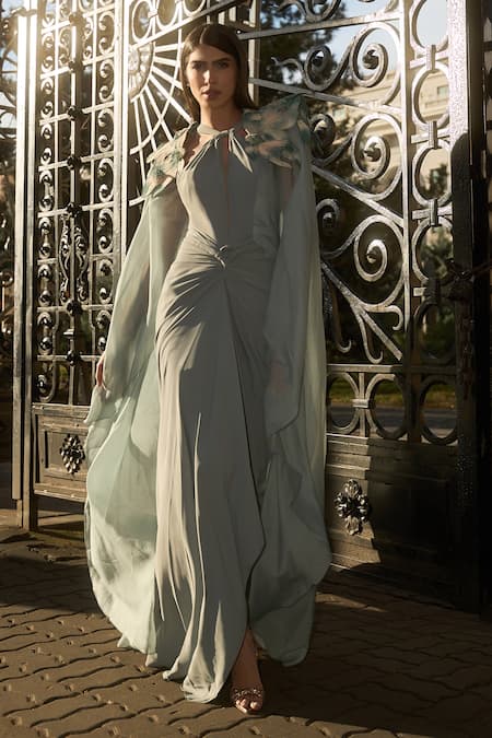 Supria Munjal Mirage Grey Crepe Georgette Gown & Cape 