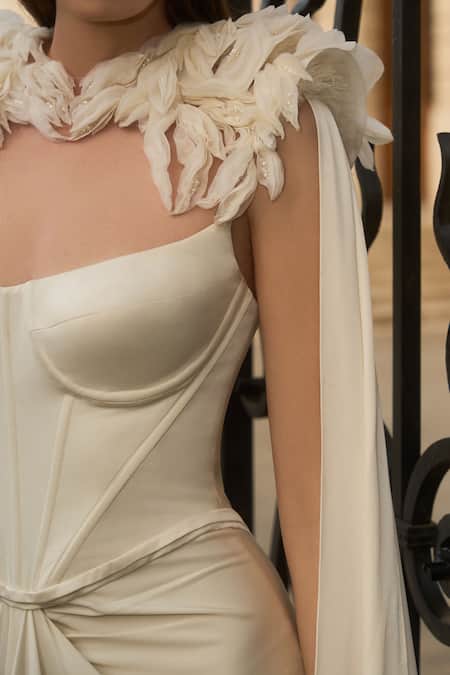 Supria Munjal_White Satin, Crepe Fabric Flowers Sweetheart Neck Whisper Gown And Cape _Online_at_Aza_Fashions