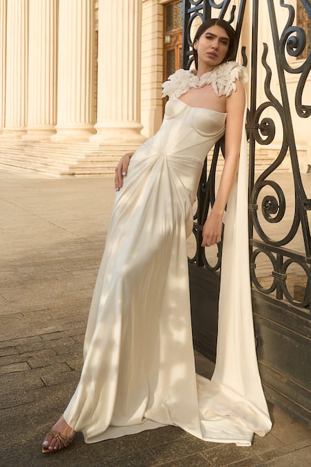 Supria Munjal Whisper White Satin Crepe Gown & Cape 