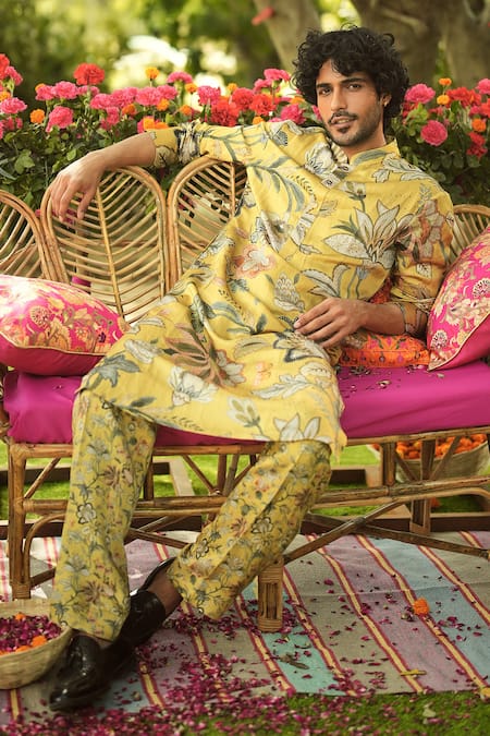 Shop_Mahima Mahajan_Gold Linen, Satin Embroidery Floral Kurta Pant Set _Online_at_Aza_Fashions