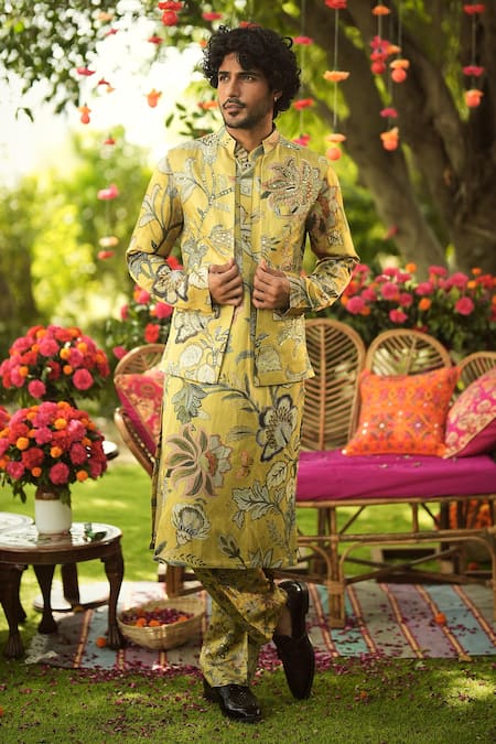 Shop_Mahima Mahajan_Gold Linen, Satin Embroidery, Sequins Designer Printed Bundi Kurta Pant Set _Online_at_Aza_Fashions