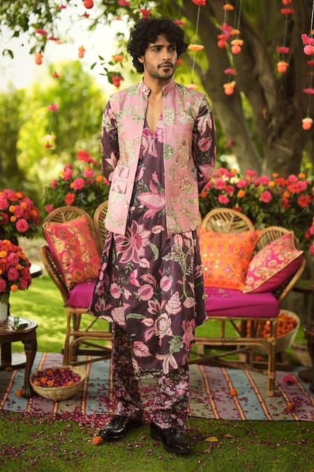 Buy Mahima Mahajan Burgundy Linen, Satin Embroidery, Sequins Floral Bundi Kurta Set Online at Aza Fashions Buy_Mahima Mahajan_Burgundy Linen, Satin Embroidery, Sequins Floral Bundi Kurta Set _Online_at_Aza_Fashions