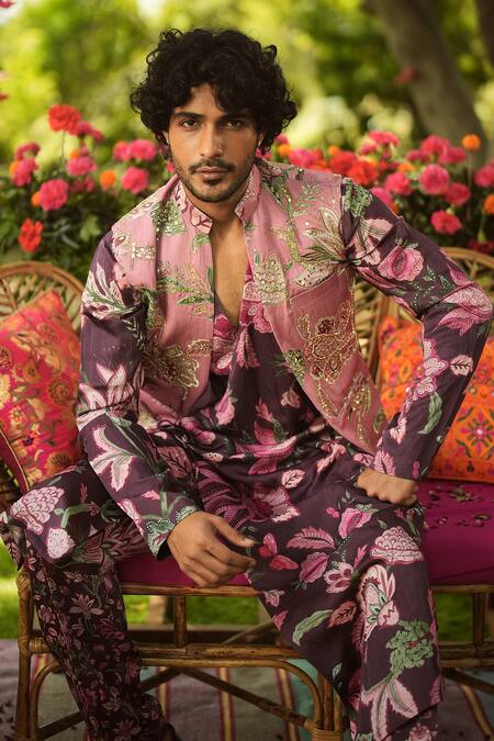 Shop Mahima Mahajan Burgundy Linen, Satin Embroidery, Sequins Floral Bundi Kurta Set Online at Aza Fashions Shop_Mahima Mahajan_Burgundy Linen, Satin Embroidery, Sequins Floral Bundi Kurta Set _Online_at_Aza_Fashions