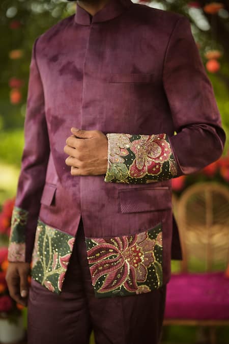 Mahima Mahajan_Burgundy Linen, Satin Embroidery Bandhgala And Pant Set _Online_at_Aza_Fashions