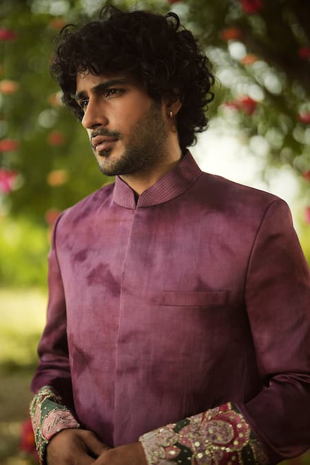 Buy_Mahima Mahajan_Burgundy Linen, Satin Embroidery Bandhgala And Pant Set _Online_at_Aza_Fashions