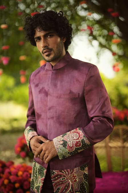 Shop_Mahima Mahajan_Burgundy Linen, Satin Embroidery Bandhgala And Pant Set _Online_at_Aza_Fashions