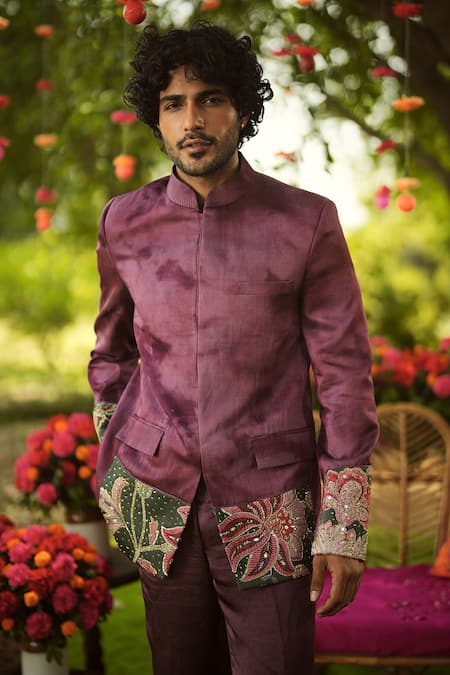 Mahima Mahajan_Burgundy Linen, Satin Embroidery Bandhgala And Pant Set _at_Aza_Fashions