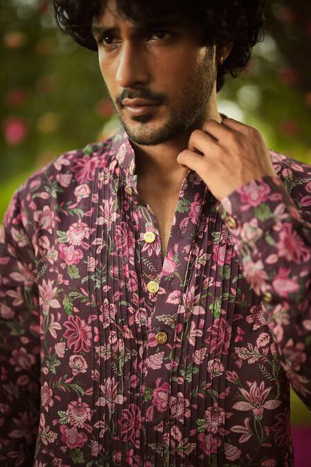 Buy_Mahima Mahajan_Burgundy Linen, Satin Embroidery Designer Floral Print Kurta Set _Online_at_Aza_Fashions