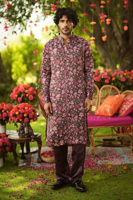 Shop_Mahima Mahajan_Burgundy Linen, Satin Embroidery Designer Floral Print Kurta Set _Online_at_Aza_Fashions