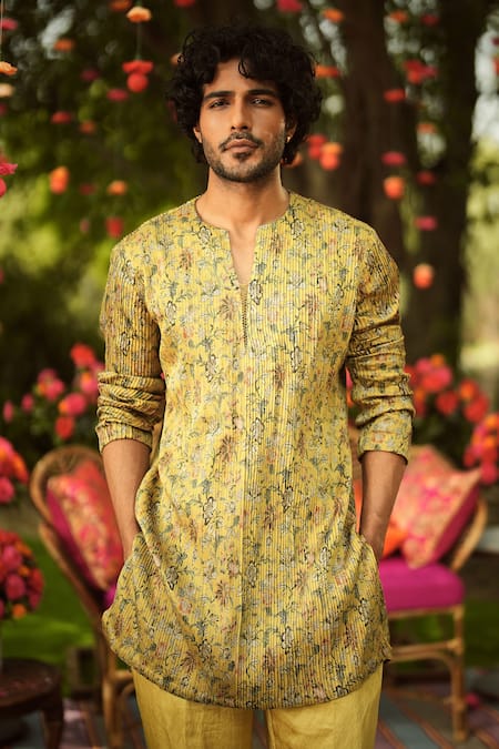 Buy_Mahima Mahajan_Gold Linen, Satin Embroidery Kurta And Pant Set _Online_at_Aza_Fashions