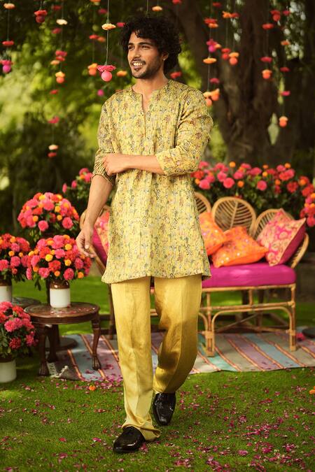 Buy_Mahima Mahajan_Gold Linen, Satin Sequins, Embroidery Kurta Pant Set _Online_at_Aza_Fashions
