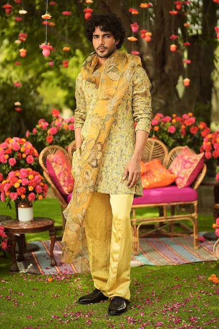 Shop_Mahima Mahajan_Gold Linen, Satin Sequins, Embroidery Kurta Pant Set _Online_at_Aza_Fashions