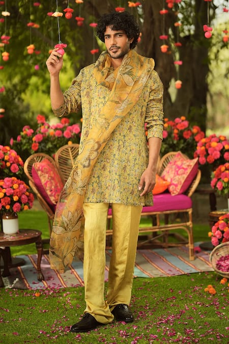 Mahima Mahajan Old Gold Linen Satin Kurta Pant Set 