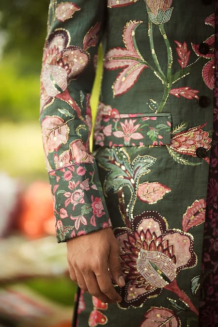 Buy_Mahima Mahajan_Burgundy Linen, Satin Embroidery, Zari Floral Printed Designer Sherwani Set _Online_at_Aza_Fashions