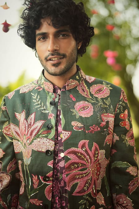 Shop_Mahima Mahajan_Burgundy Linen, Satin Embroidery, Zari Floral Printed Designer Sherwani Set _Online_at_Aza_Fashions