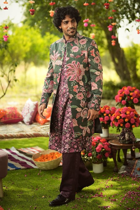 Mahima Mahajan_Burgundy Linen, Satin Embroidery, Zari Floral Printed Designer Sherwani Set _at_Aza_Fashions