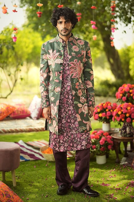 Buy_Mahima Mahajan_Burgundy Linen, Satin Embroidery, Zari Floral Printed Designer Sherwani Set 