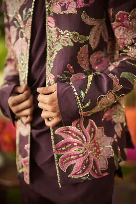 Buy Mahima Mahajan Burgundy Linen, Satin Sequins, Embroidery Floral Jacket Set Online at Aza Fashions Buy_Mahima Mahajan_Burgundy Linen, Satin Sequins, Embroidery Floral Jacket Set _Online_at_Aza_Fashions