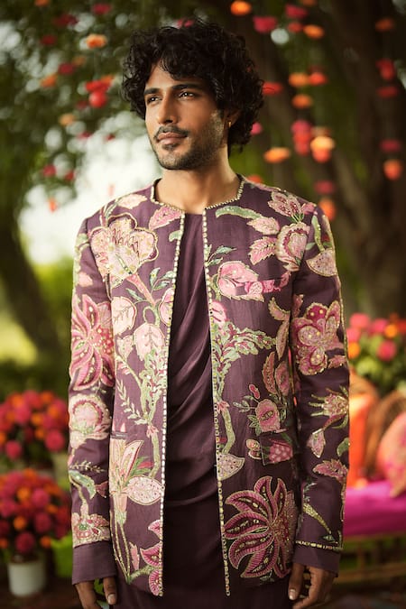 Shop Mahima Mahajan Burgundy Linen, Satin Sequins, Embroidery Floral Jacket Set Online at Aza Fashions Shop_Mahima Mahajan_Burgundy Linen, Satin Sequins, Embroidery Floral Jacket Set _Online_at_Aza_Fashions