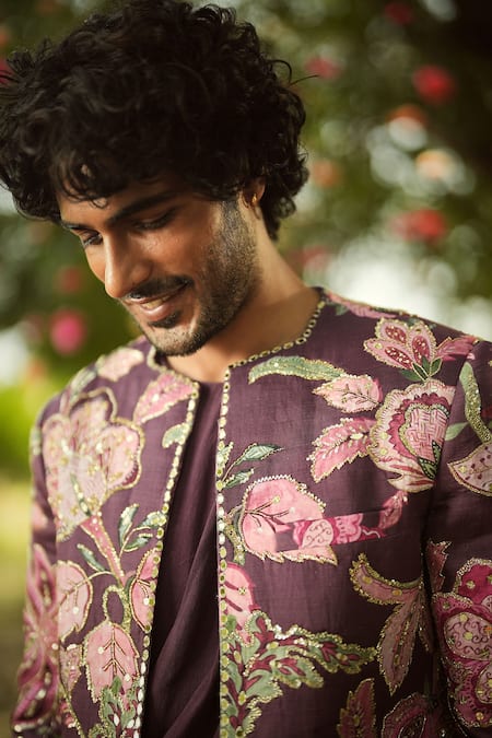 Mahima Mahajan Burgundy Linen, Satin Sequins, Embroidery Floral Jacket Set at Aza Fashions Mahima Mahajan_Burgundy Linen, Satin Sequins, Embroidery Floral Jacket Set _at_Aza_Fashions