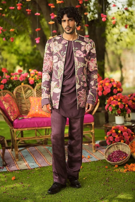Buy Mahima Mahajan Burgundy Linen, Satin Sequins, Embroidery Floral Jacket Set Buy_Mahima Mahajan_Burgundy Linen, Satin Sequins, Embroidery Floral Jacket Set