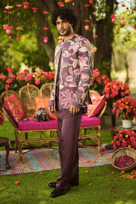 Shop Mahima Mahajan Burgundy Linen, Satin Sequins, Embroidery Floral Jacket Set Shop_Mahima Mahajan_Burgundy Linen, Satin Sequins, Embroidery Floral Jacket Set