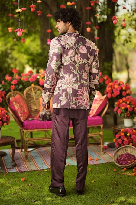 Mahima Mahajan Burgundy Floral Embroidered Jacket Set 